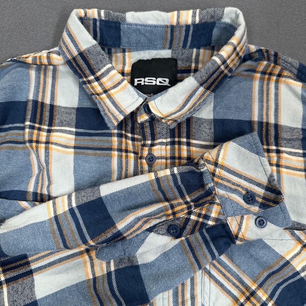 RSQ Flannel Shirt Mens M Blue Yellow Plaid Pockets Classic Long Sleeve Button-Up